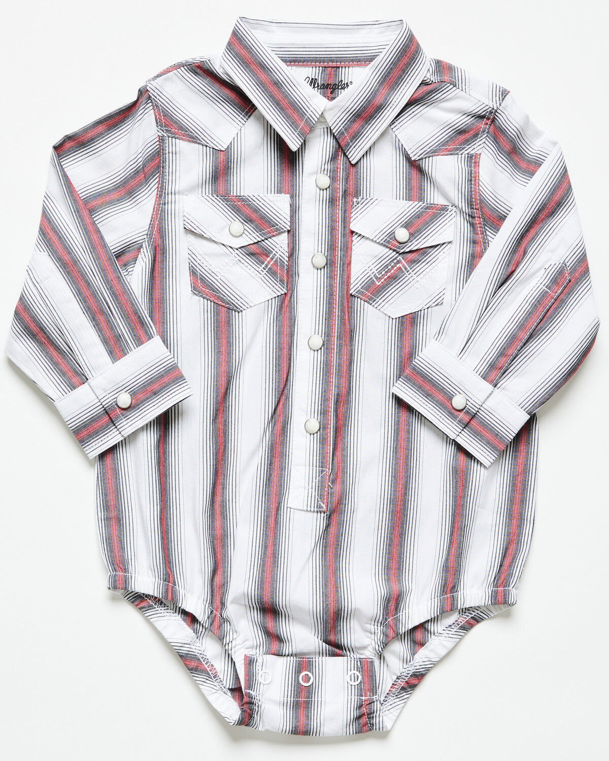 Image #1 - Wrangler Infant Boys' Striped Print Long Sleeve Snap Stretch Onesie, White, hi-res