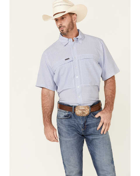 Panhandle Men's Performance Geo Print Short Sleeve Button Down Western Shirt , Blue, hi-res