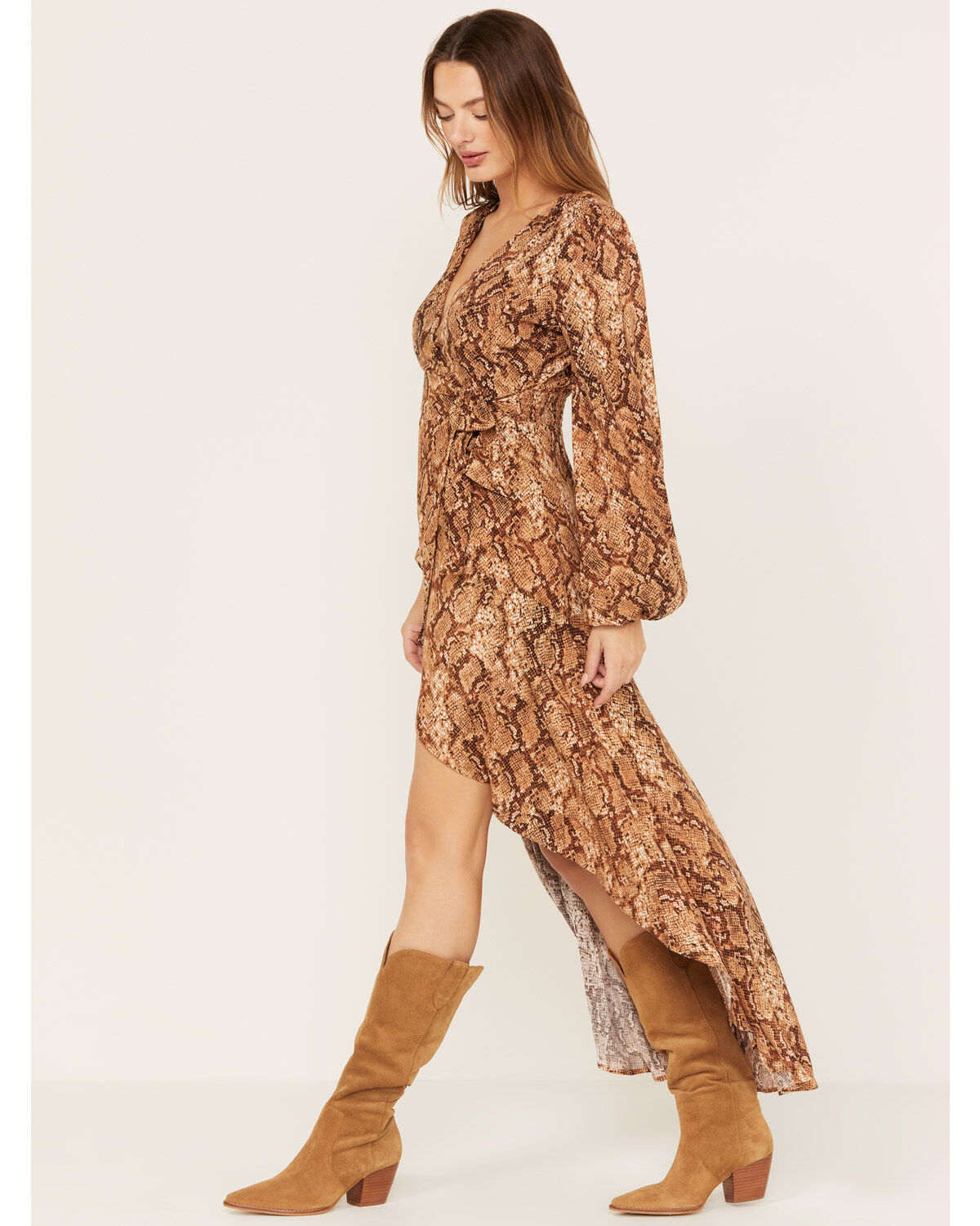 Image #2 - Shyanne Women's Snake Print Ruffle High-Low Dress, Taupe, hi-res