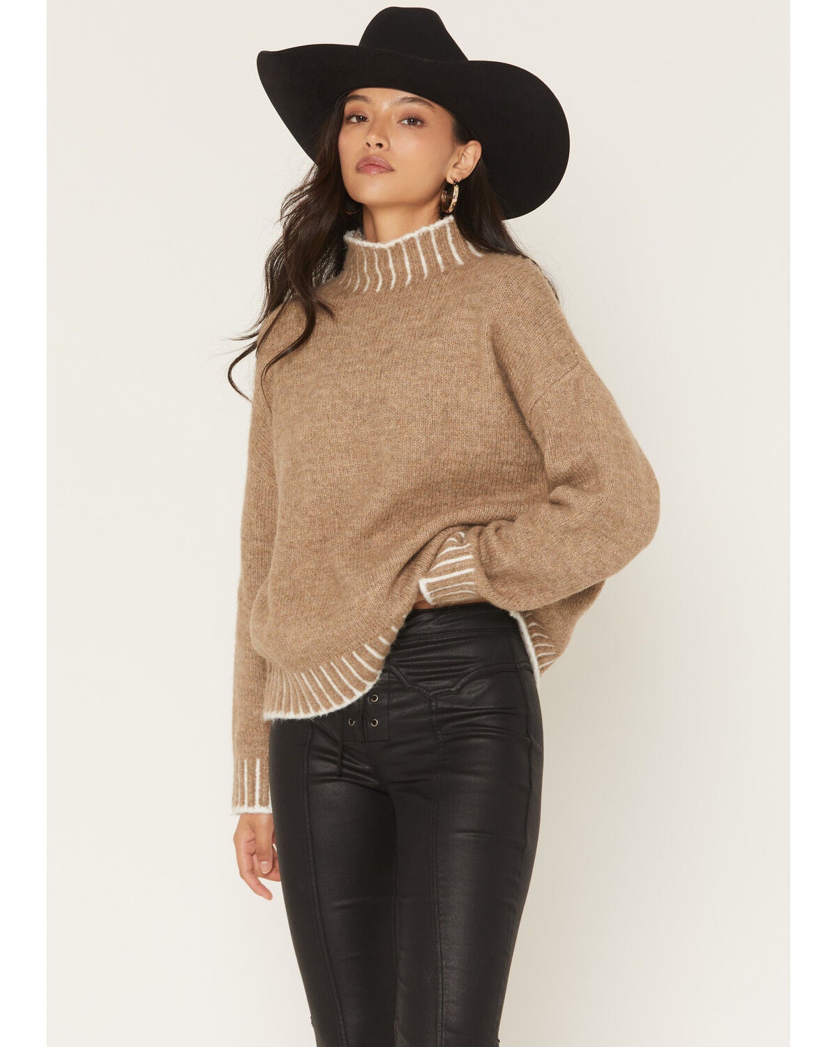 Elan Women's Whipstitch Turtleneck Sweater, Camel, hi-res
