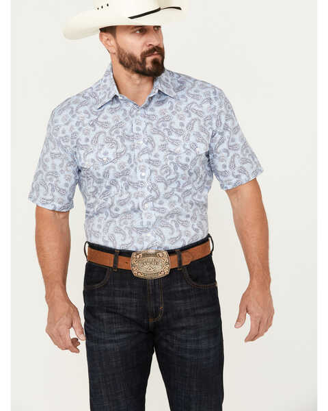 Image #1 - Rough Stock by Panhandle Men's Stretch Paisley Print Short Sleeve Pearl Snap Western Shirt, Blue, hi-res