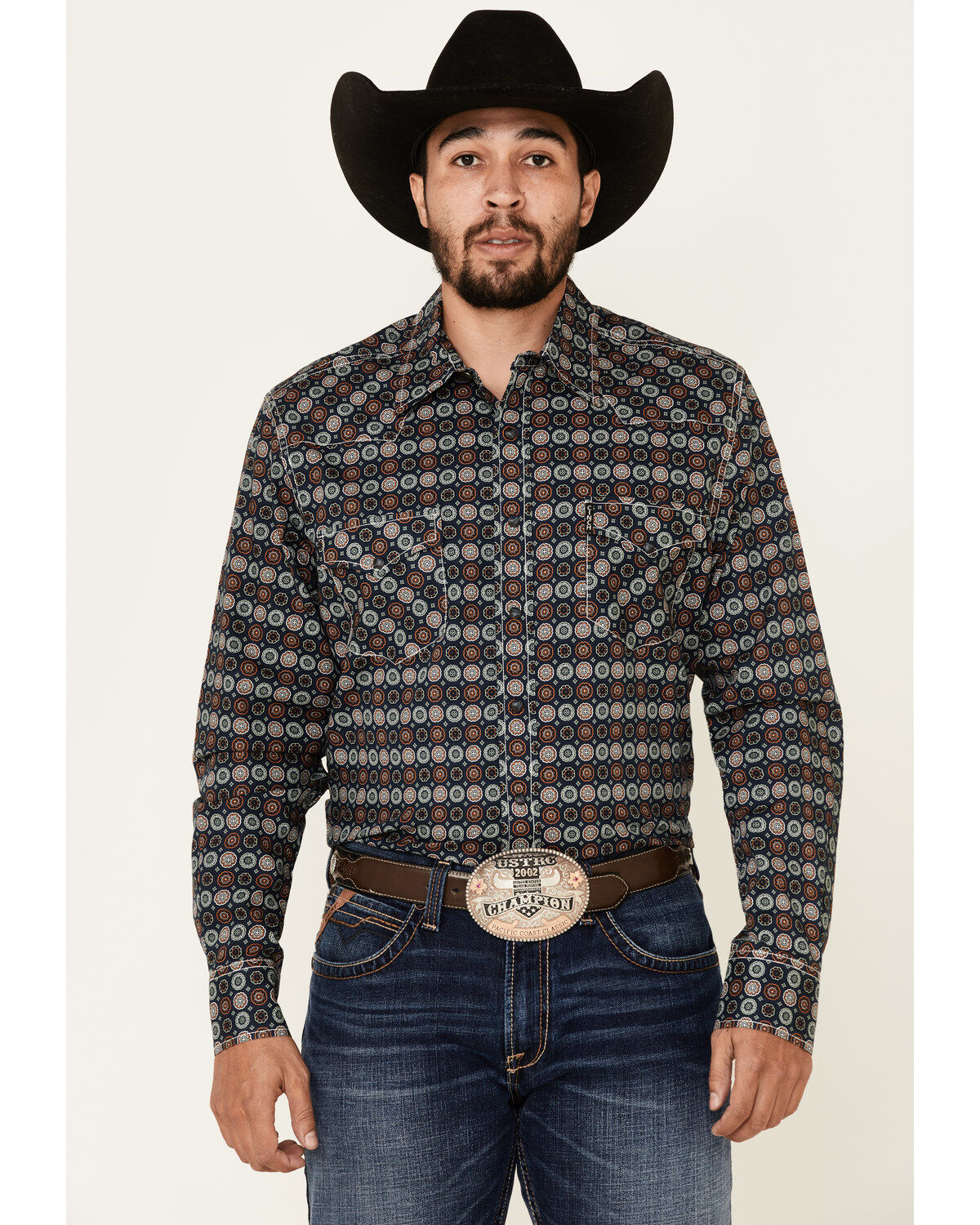 Image #1 - Cinch Men's Modern Fit Navy Large Geo Print Long Sleeve Western Shirt, Navy, hi-res