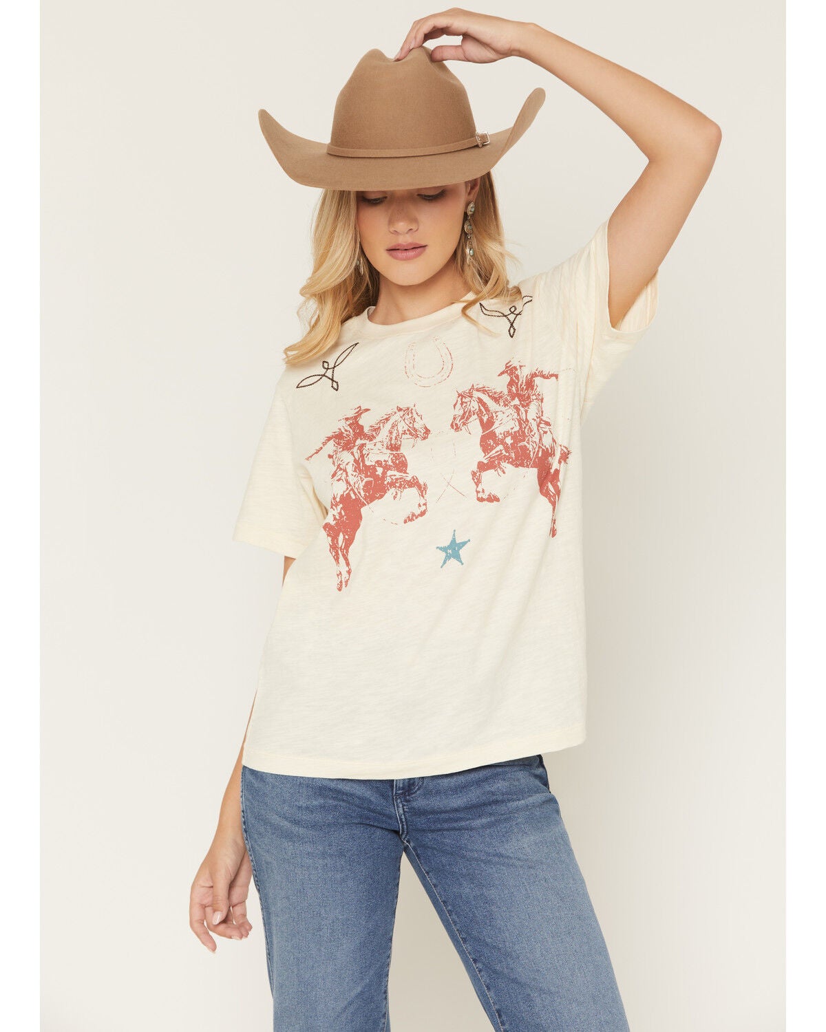 Image #1 - Shyanne Women's Bootstitch Yoke Short Sleeve Graphic Tee, Cream, hi-res