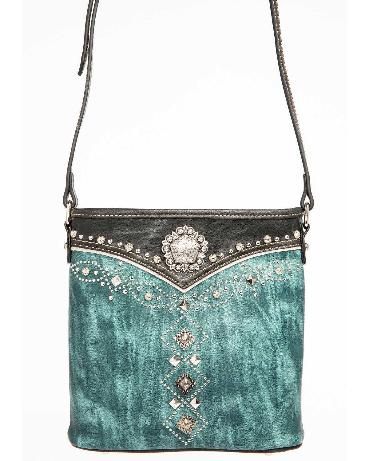 Image #1 - Shyanne Women's Distressed Antique Silver Concho Messenger Bag, Turquoise, hi-res