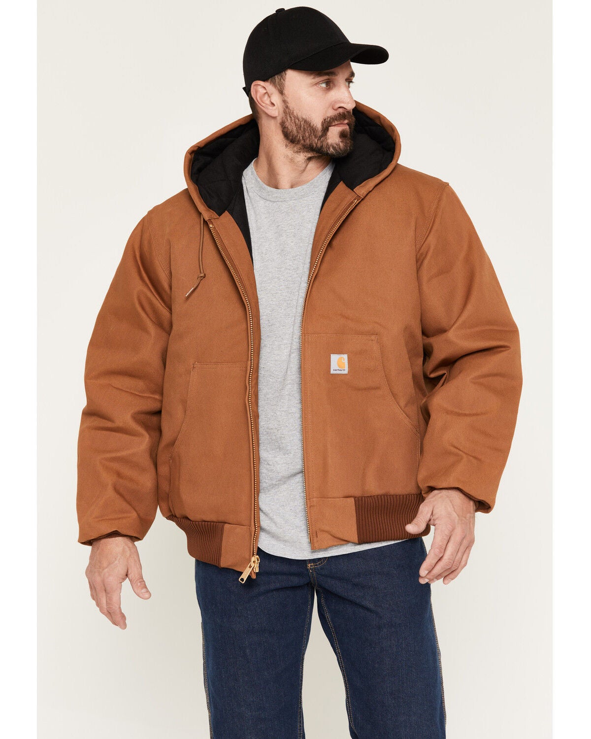 Carhartt Men's Flannel Lined Loose Fit Firm Duck Active Jacket - Tall, Brown, hi-res