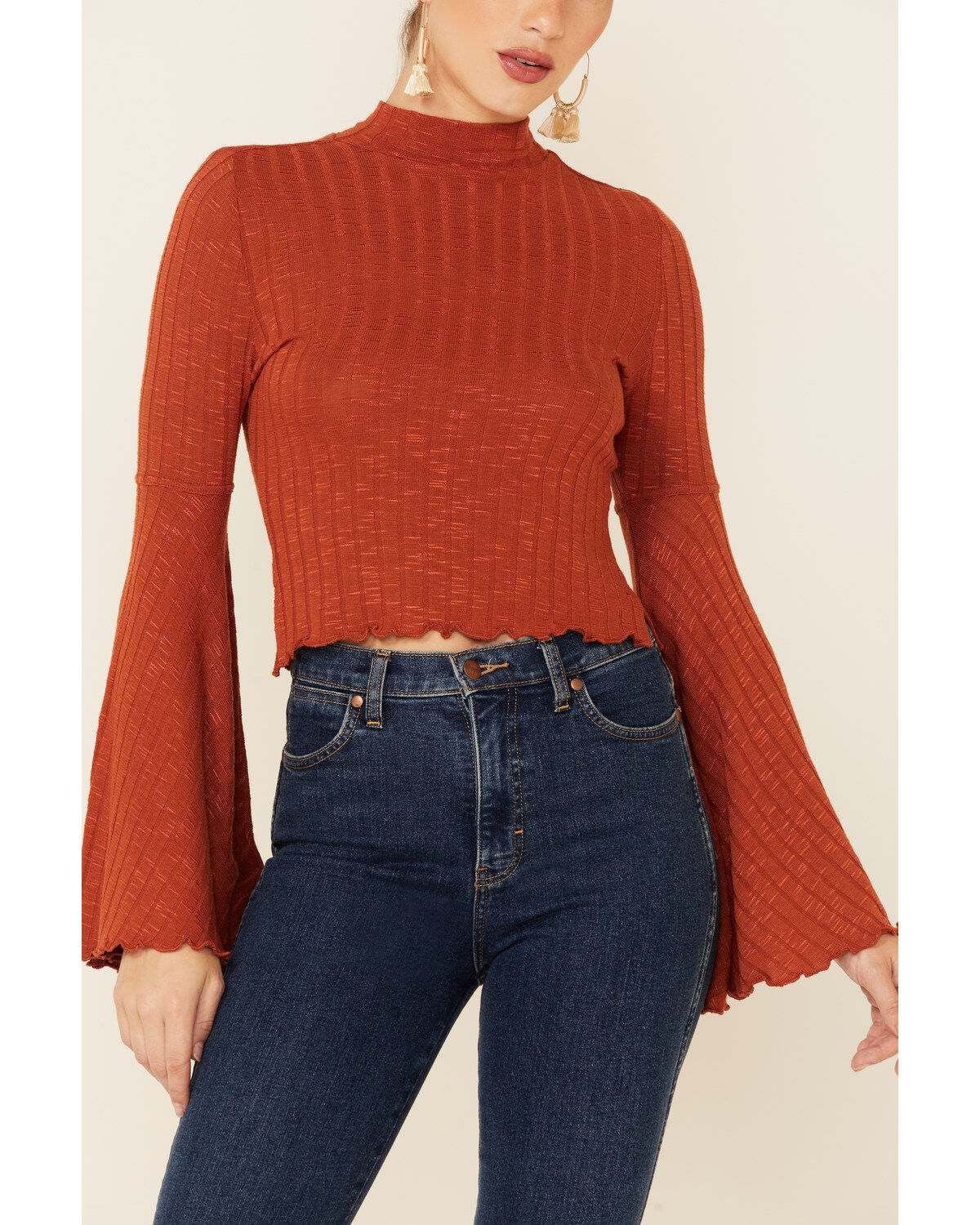 Image #2 - Shyanne Women's Rib Knit Mock Neck Bell Sleeve Top, Camel, hi-res