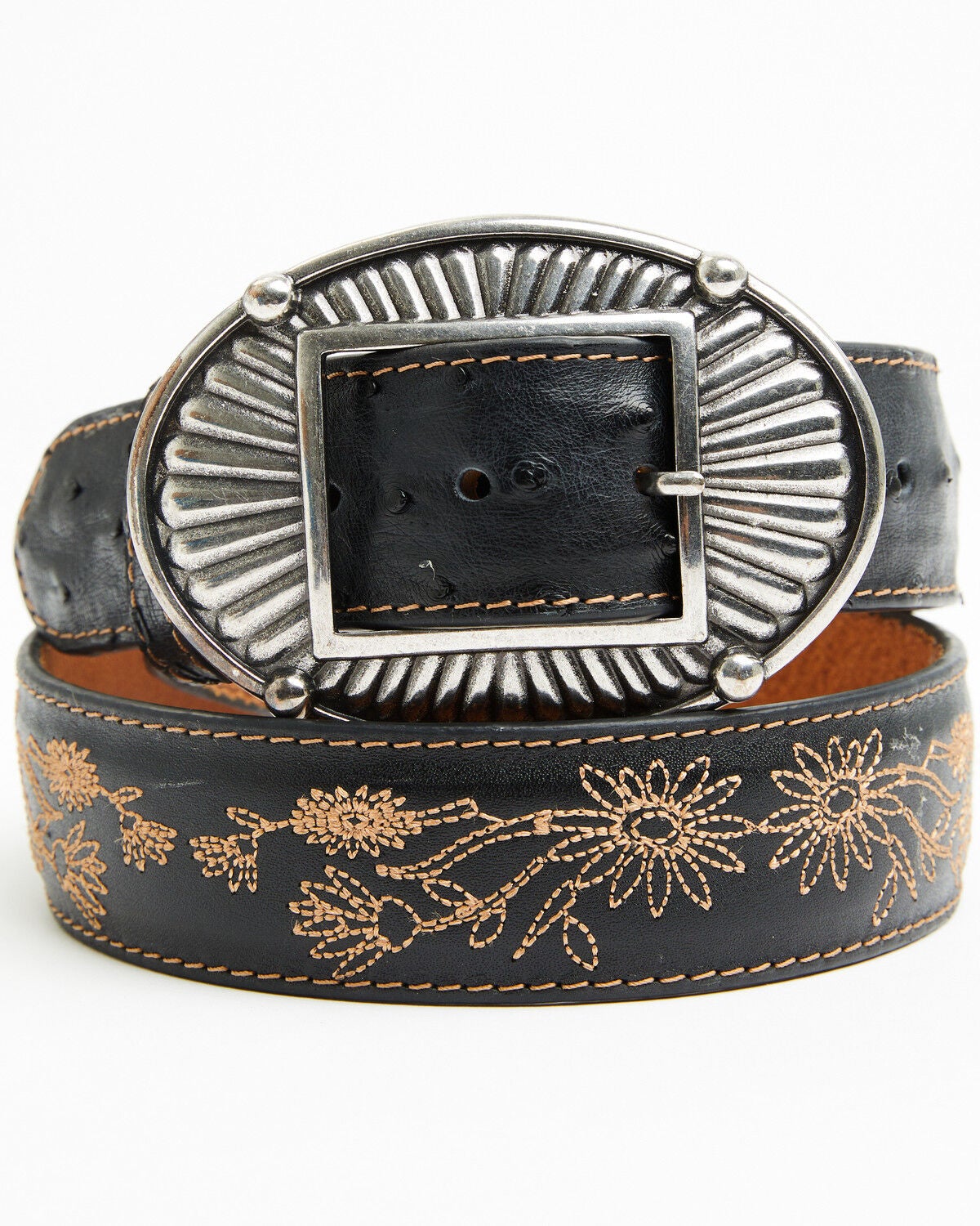 Image #1 - Shyanne Women's Exotic Ostrich Floral Embroidered Belt, Black, hi-res