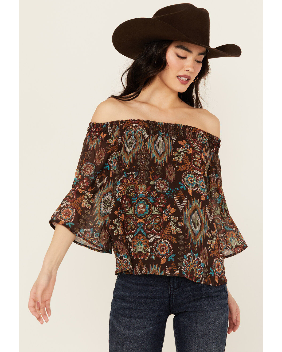 Image #1 - Shyanne Women's Printed Off The Shoulder Peasant Top, Dark Brown, hi-res