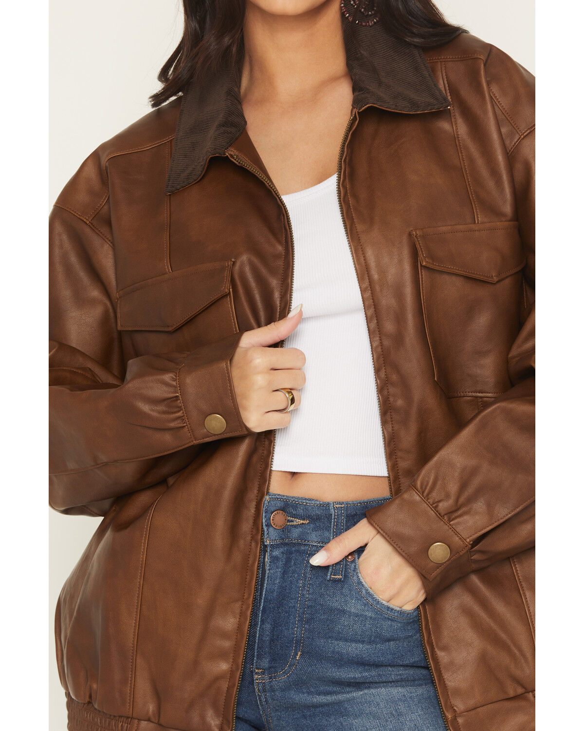 Image #3 - Show Me Your Mumu Women's Maverick Faux Leather Bomber Jacket, Brown, hi-res