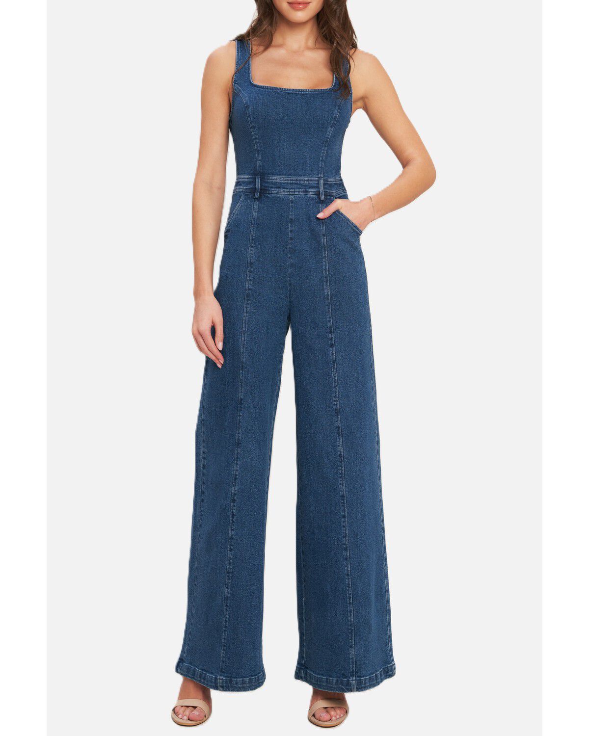 Image #1 - Flying Tomato Women's Dark Wash Sleeveless Front Seam Denim Jumpsuit, Dark Wash, hi-res