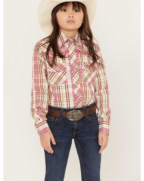 Cowgirl Hardware Girls' Embroidered Horse Plaid Print Long Sleeve Pearl Snap Western Shirt, Pink, hi-res