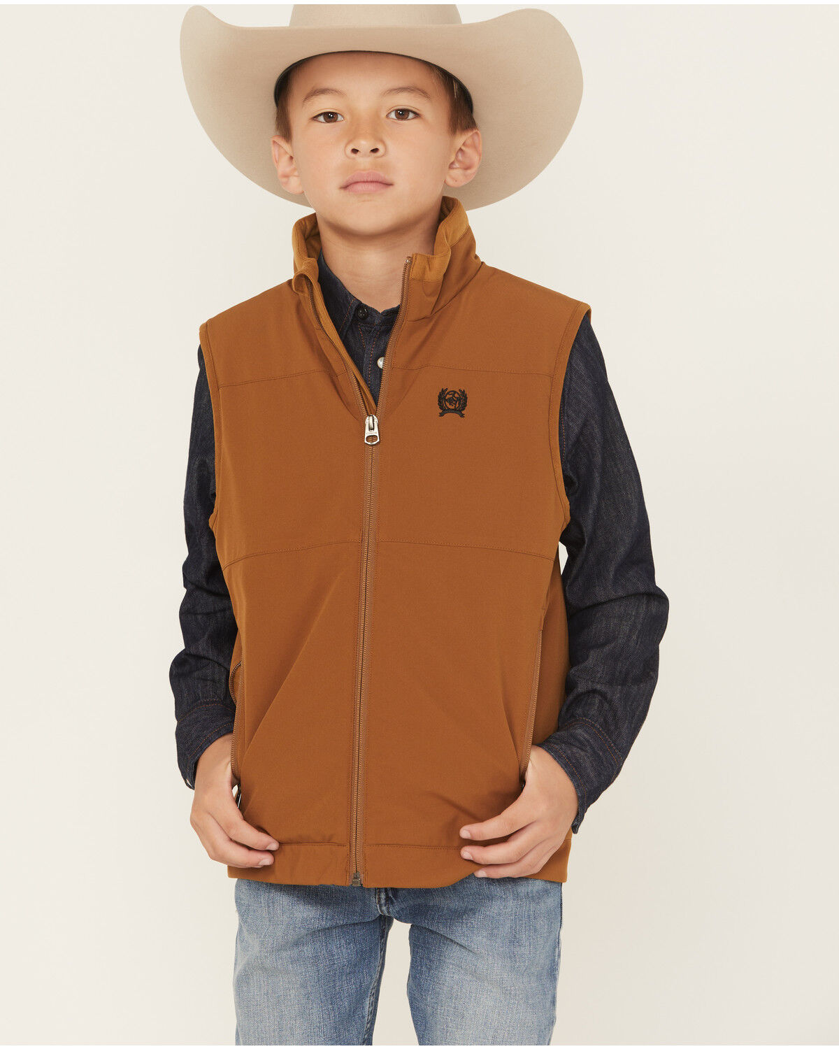 Image #1 - Cinch Boys' Quilted Canvas Embroidered Vest, Brown, hi-res