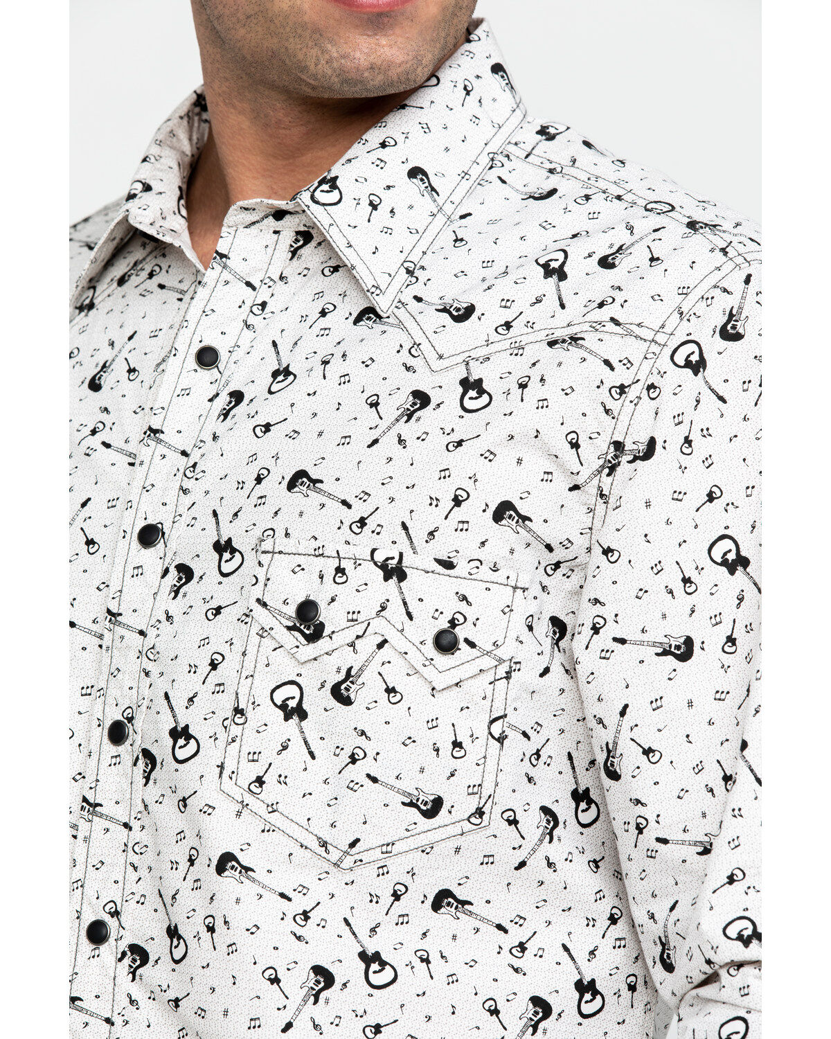 Image #4 - Rock & Roll Denim Men's Washed Guitar Print Long Sleeve Western Shirt, , hi-res