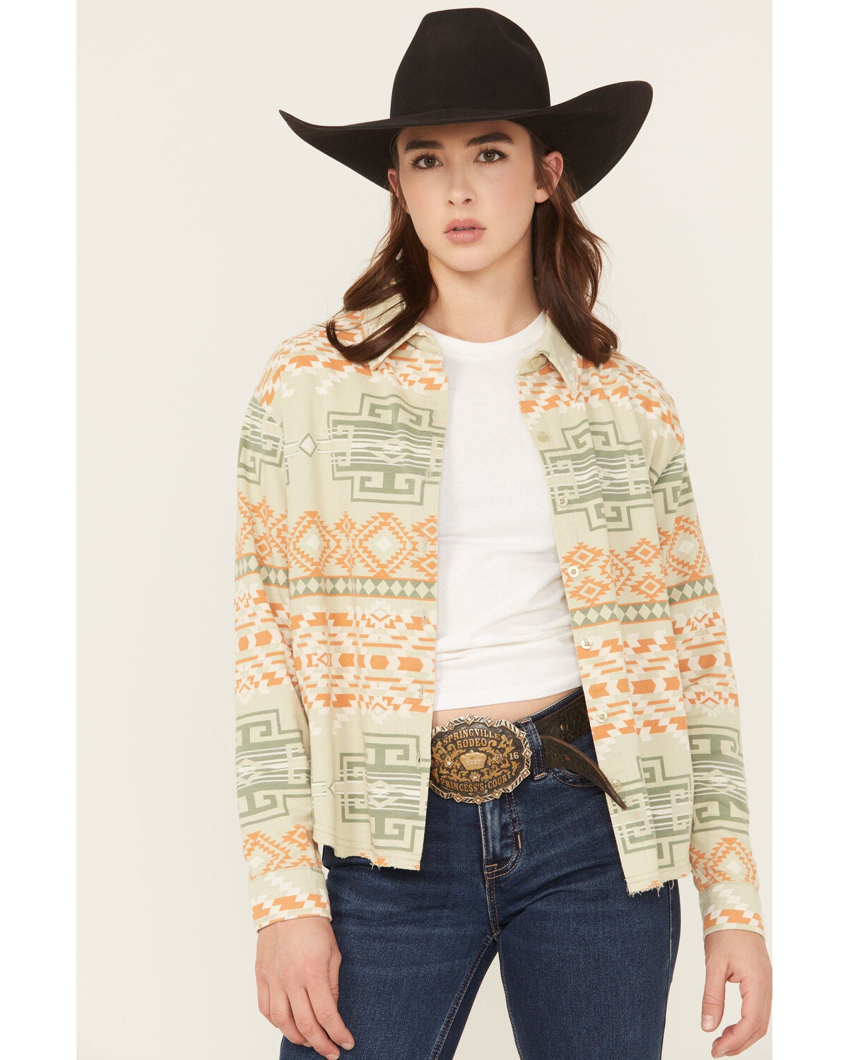 Rock & Roll Denim Women's Southwestern Print Long Sleeve Button-Down Western Shirt, Green, hi-res