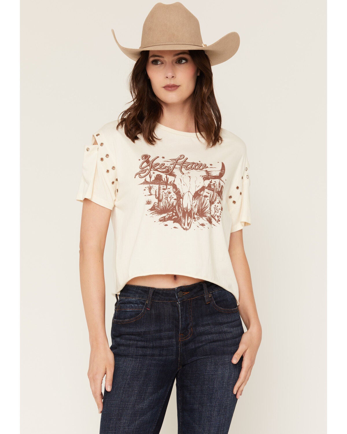 Image #1 - Rock & Roll Denim Women's Western Steer Short Sleeve Graphic Tee, Cream, hi-res