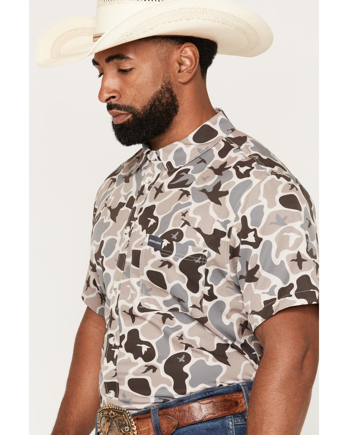 Image #2 - Burlebo Men's Mallard Camo Print Short Sleeve Button-Down Performance Western Shirt, Camouflage, hi-res