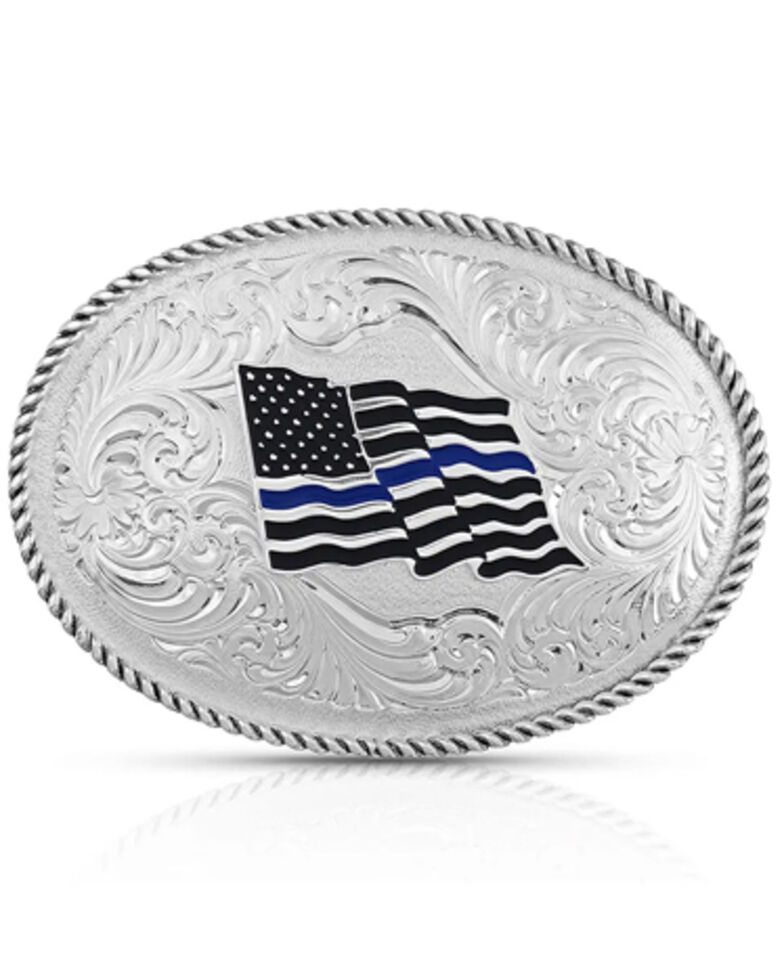 Montana Silversmiths Men's Thin Blue Line Flag Belt Buckle, Silver, hi-res