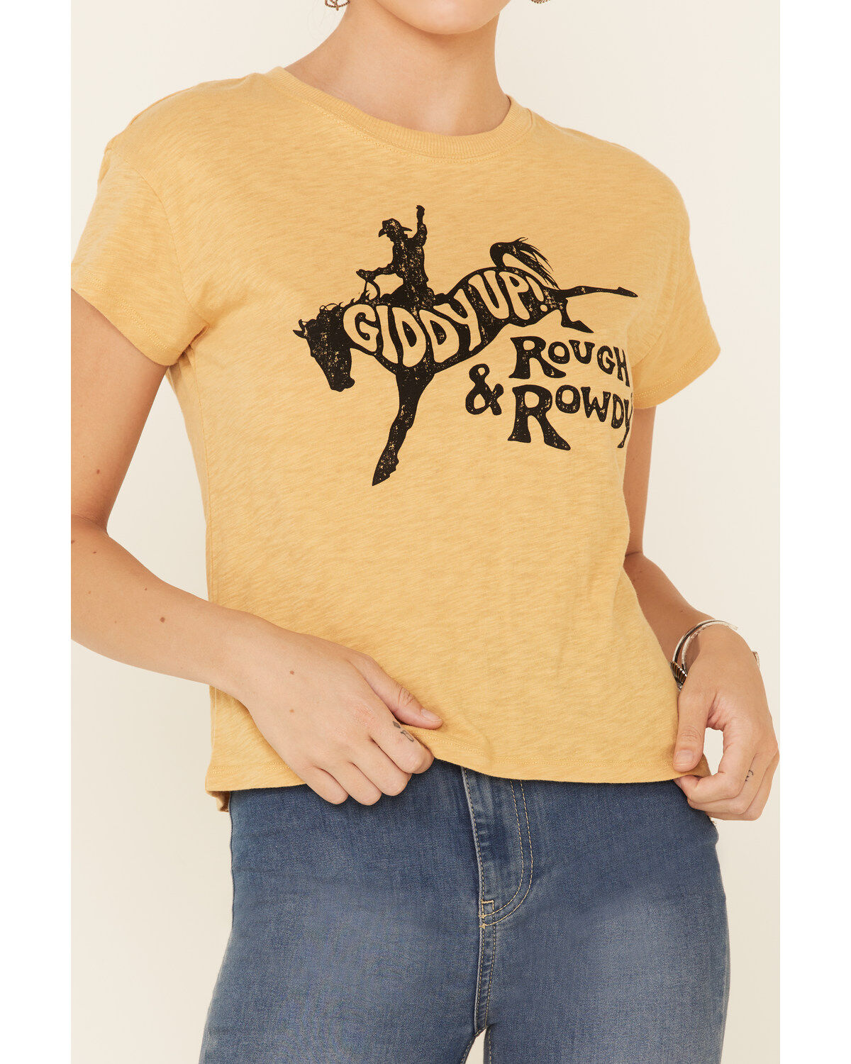 Image #3 - White Crow Women's Giddy Up Rough & Rowdy Graphic Short Sleeve Crop Tee, Dark Yellow, hi-res