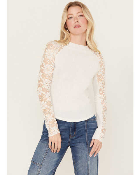 Wild Moss Women's Floral Lace Sleeve Mock Neck Top, Oatmeal, hi-res