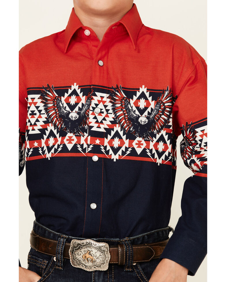 Panhandle Boys' Red & Navy Eagle Southwestern Border Print Long Sleeve Snap Western Shirt , Navy, hi-res