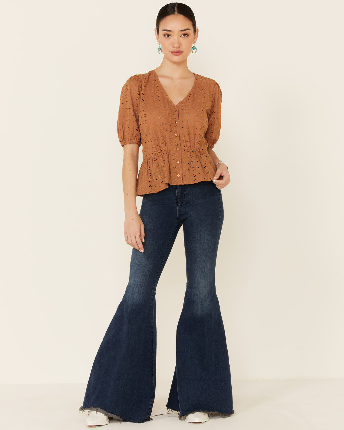 Image #2 - Wishlist Women's Eyelet Peplum Short Sleeve Top, Mustard, hi-res