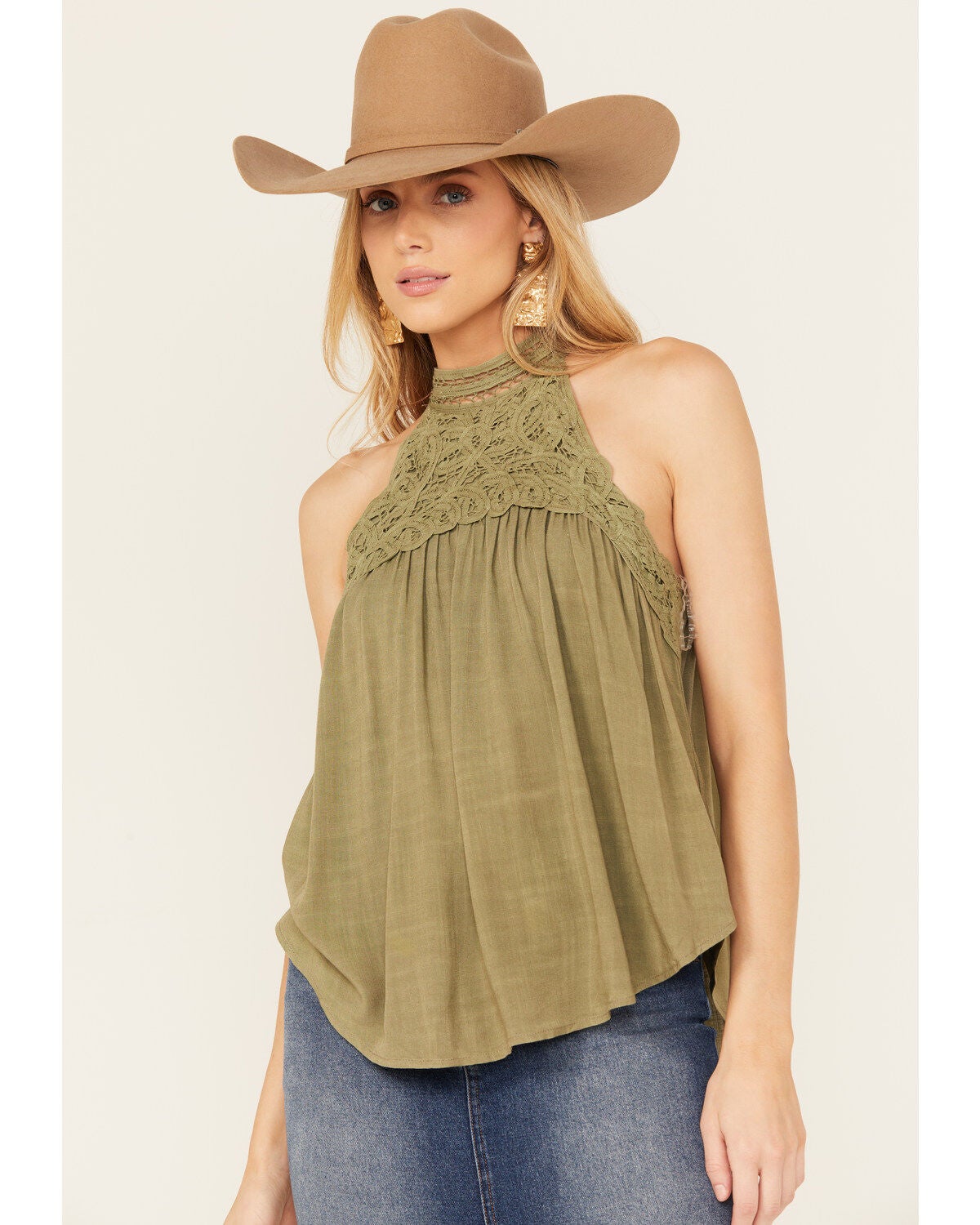 Eyeshadow Women's Battenburg Lace Tank, Olive, hi-res