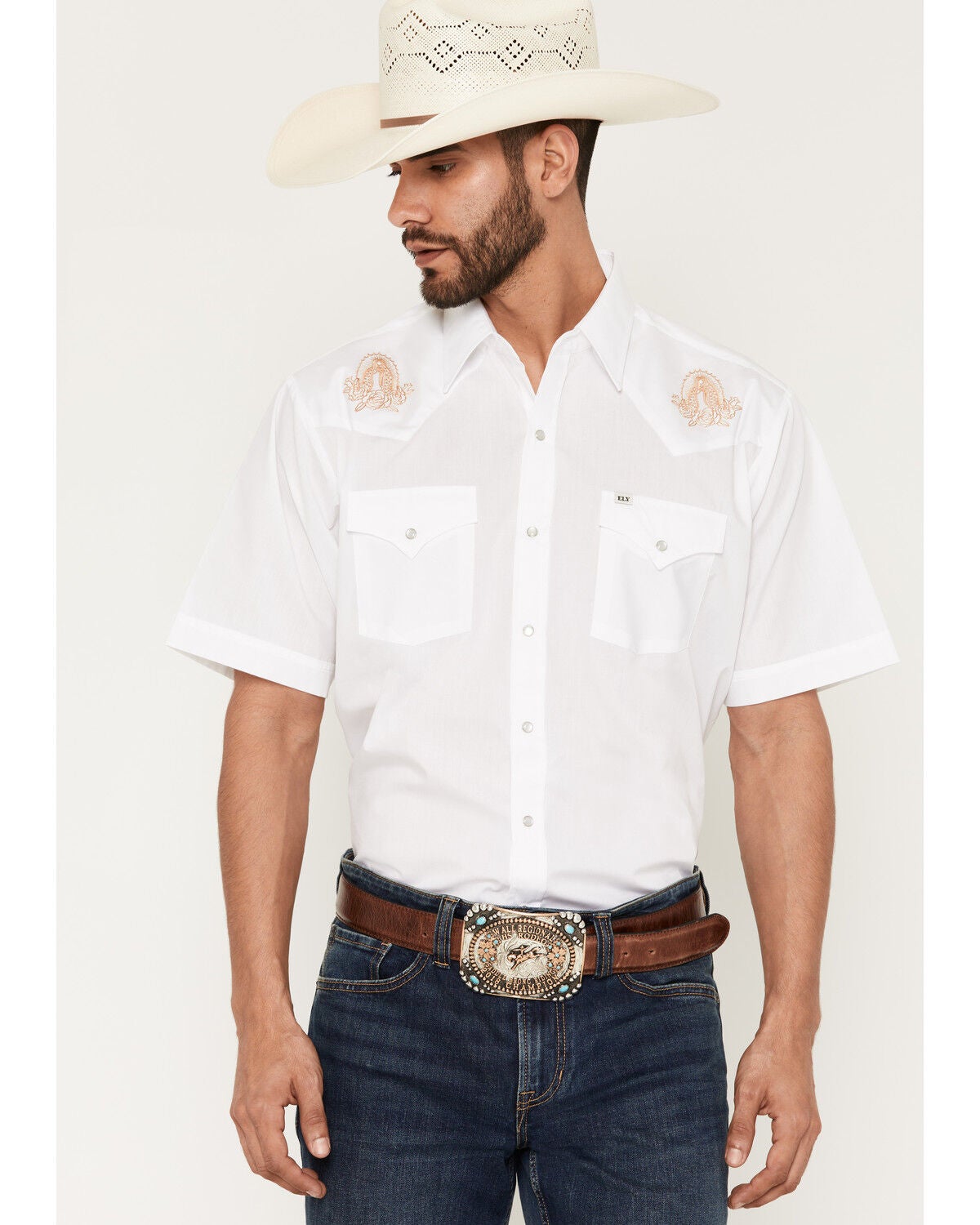 Ely Walker Men's Mother Mary Embroidered Short Sleeve Pearl Snap Western Shirt, White, hi-res