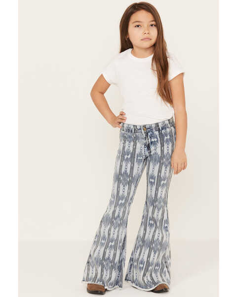Rock & Roll Denim Girls' Southwestern Stripe Print Flare Jeans, Light Wash, hi-res