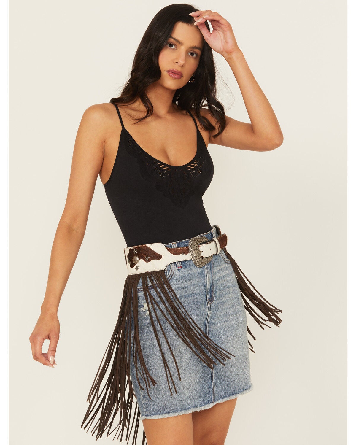 Idyllwind Women's Festival Fringe Hair-On Star Concho Belt, Dark Brown, hi-res