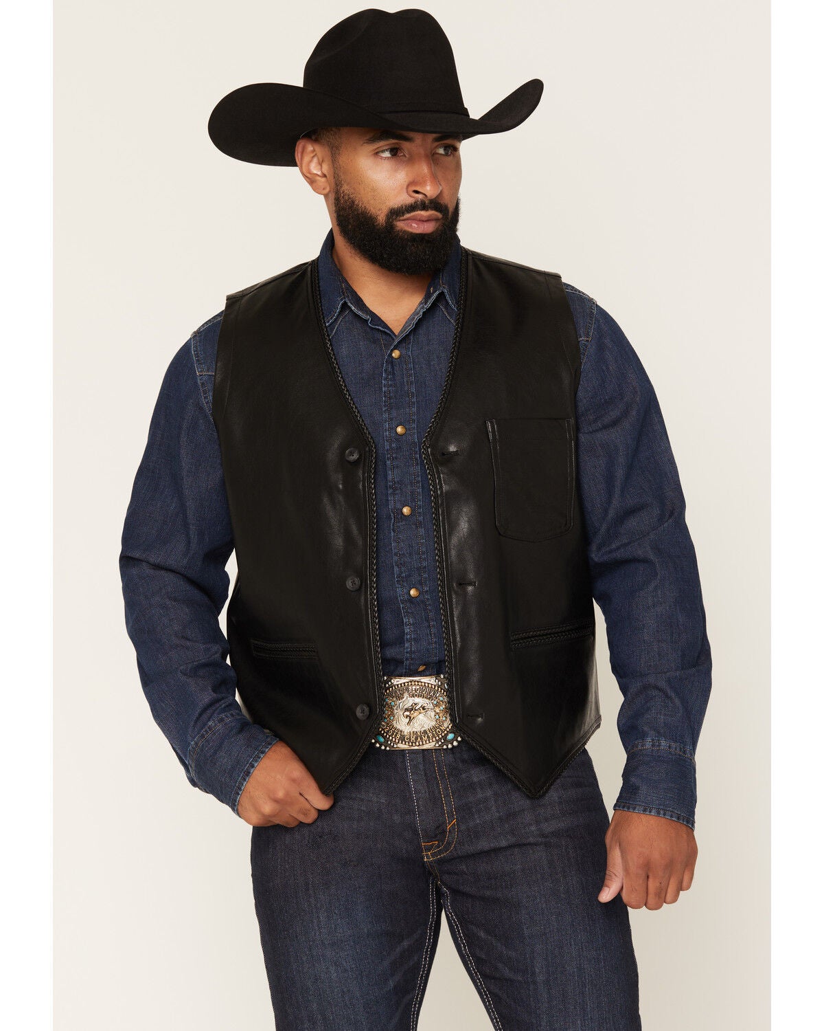 Image #1 - Cody James Men's Hogan Faux Leather Braided Trim Button-Down Vest, Black, hi-res