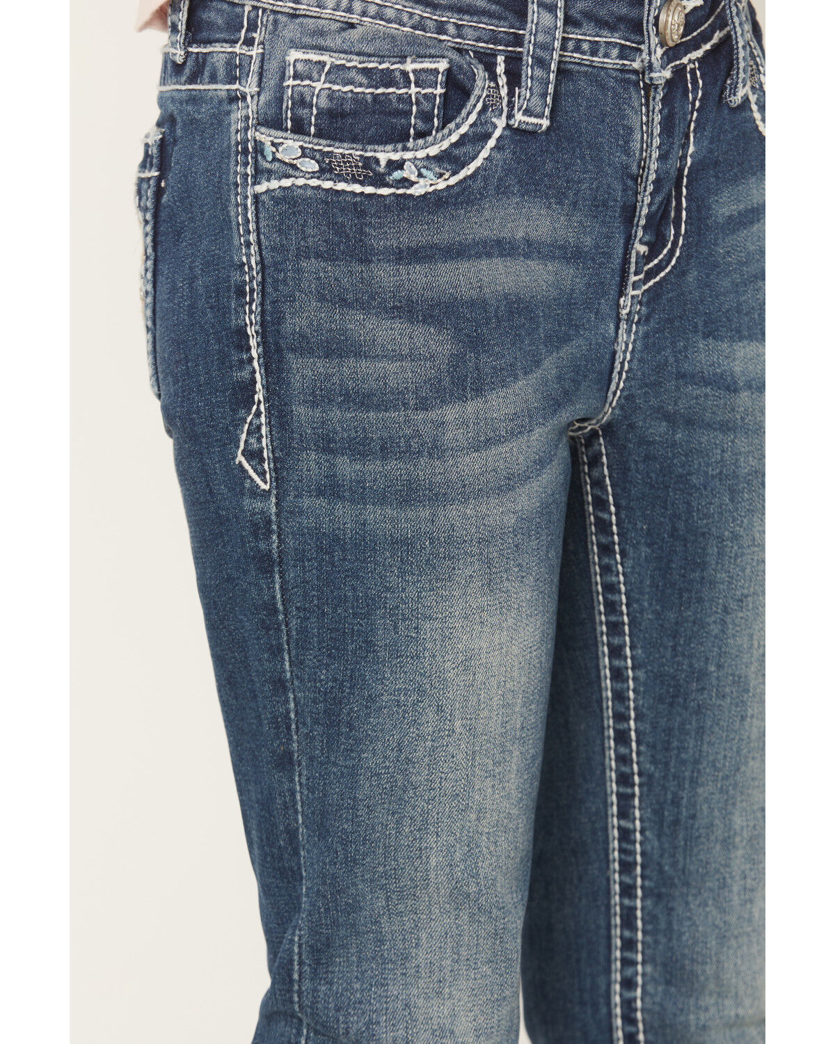 Image #4 - Grace in LA Girls' Dark Wash Floral Horseshoe Pocket Bootcut Stretch Denim Jeans, Dark Wash, hi-res