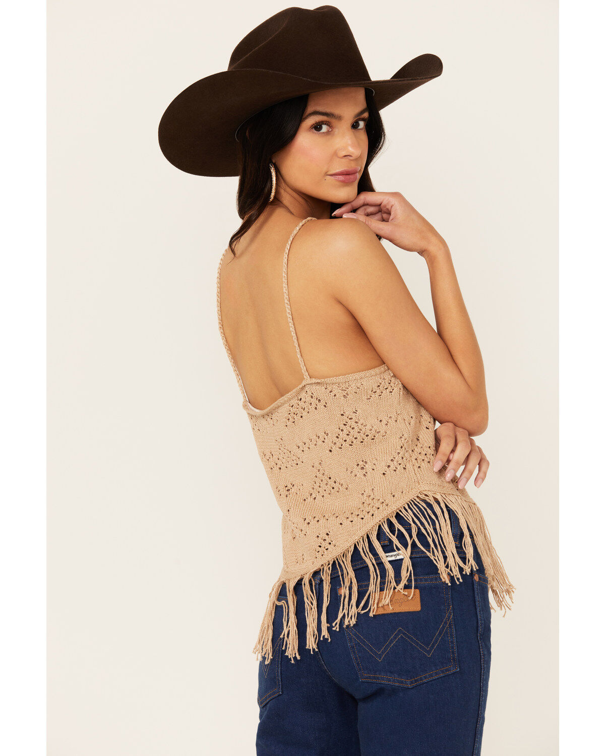 Image #4 - Shyanne Women's Hankie Hem Fringe Sweater Tank, Taupe, hi-res