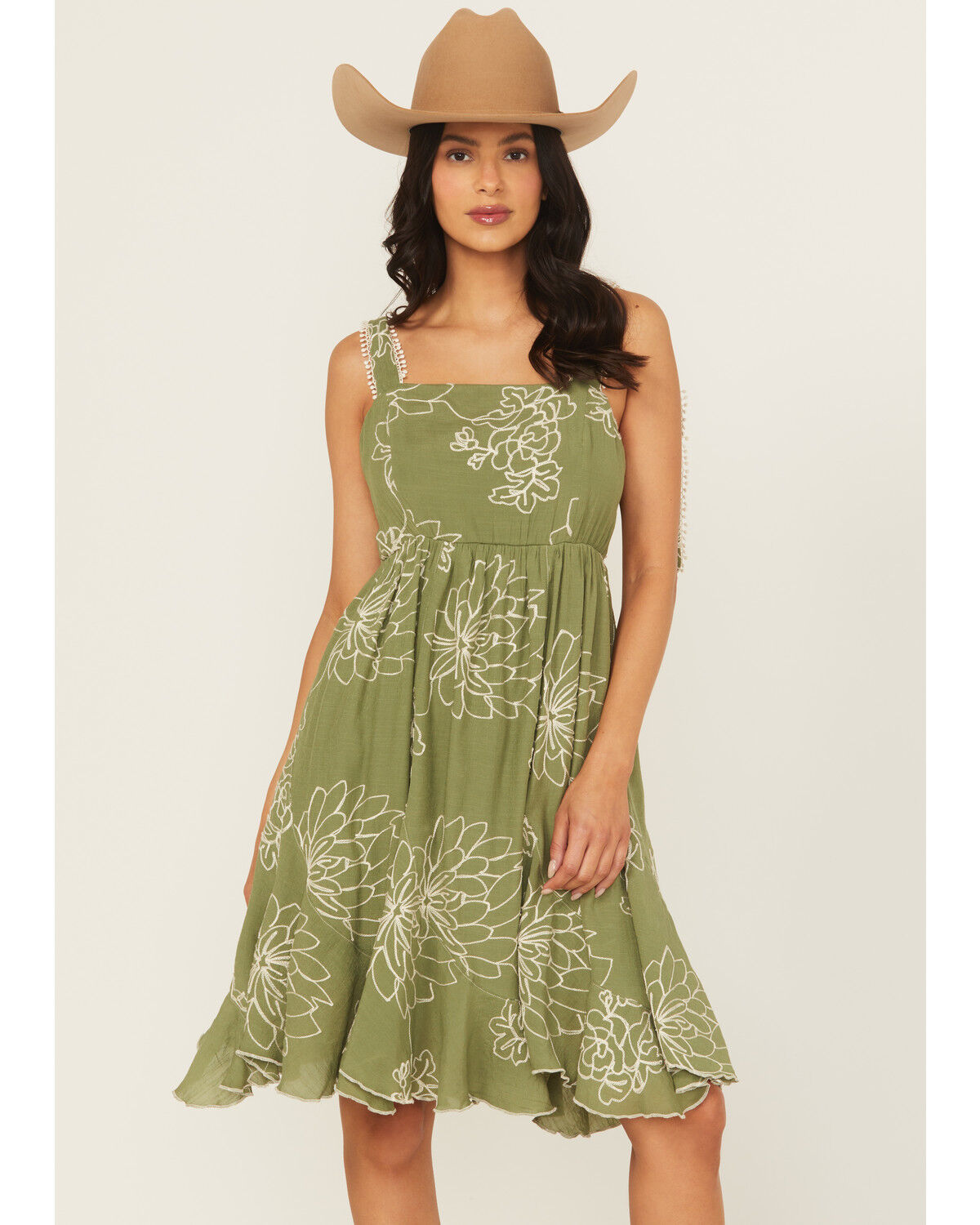 Image #1 - Wild Moss Women's Embroidered Tie Strap Mini Dress, Olive, hi-res
