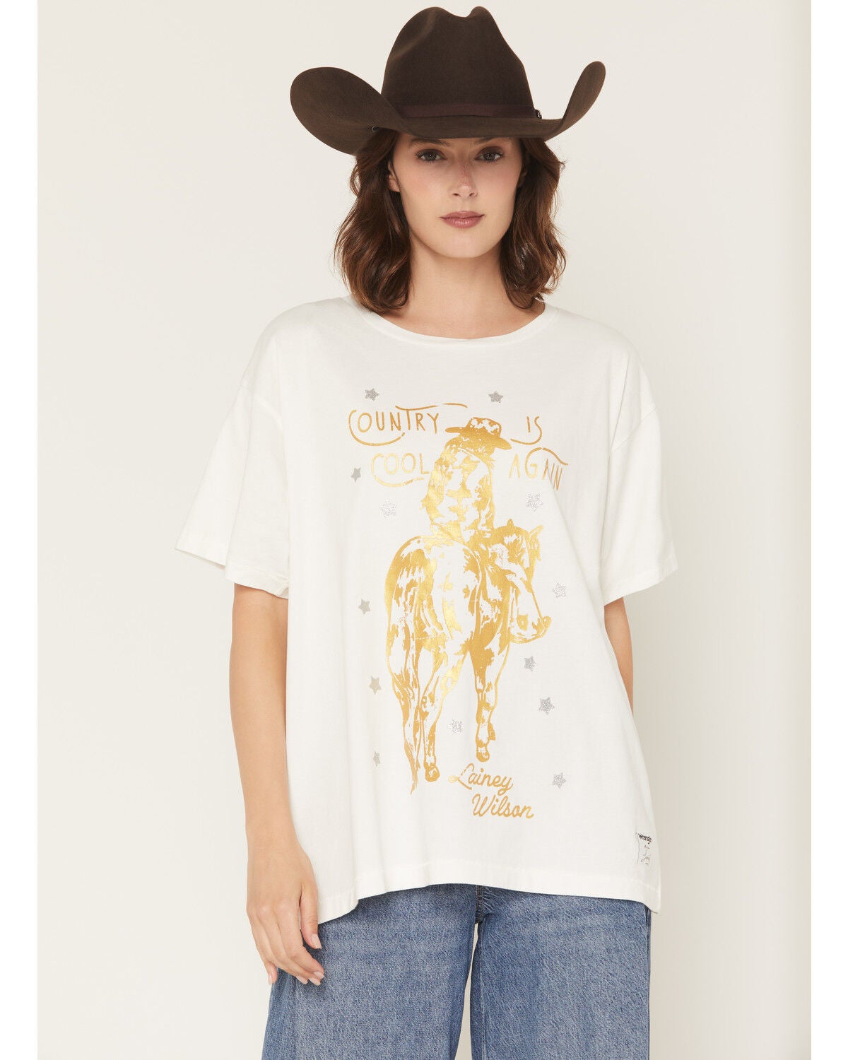 Wrangler X Lainey Wilson Women's Country Cool Again Short Sleeve Oversized Graphic Tee, Brown, hi-res