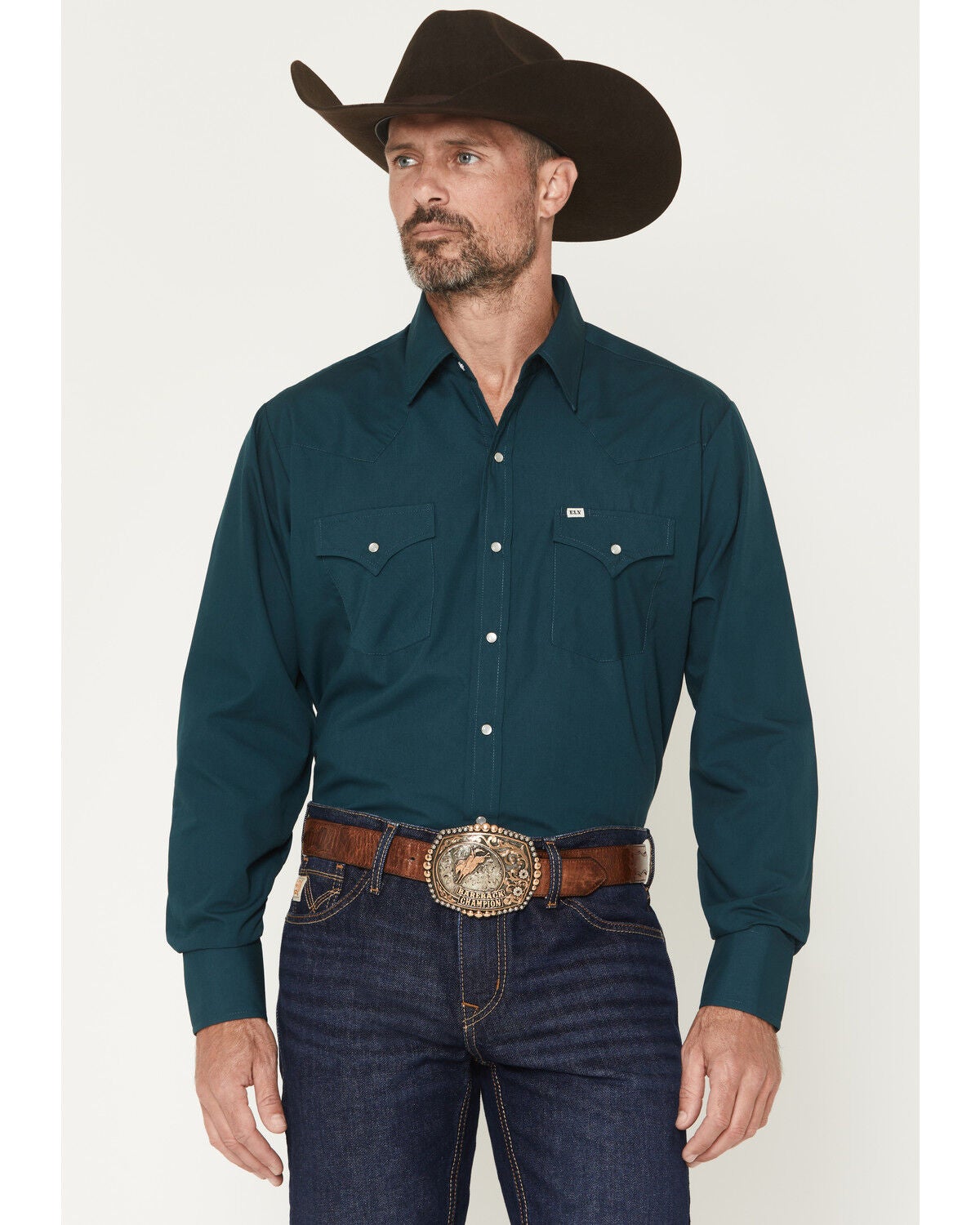 Image #1 - Ely Walker Men's Solid Long Sleeve Pearl Snap Western Shirt, Dark Teal, hi-res