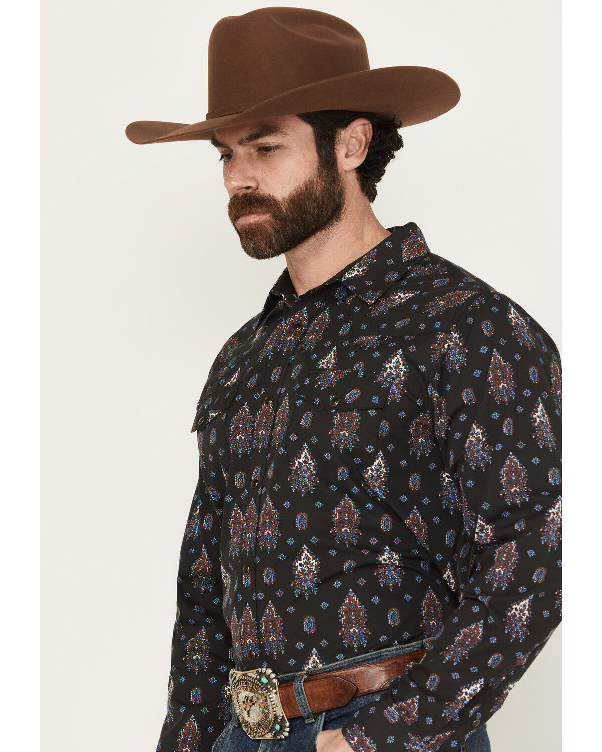 Image #2 - Gibson Trading Co Men's Tiki Torch Paisley Print Long Sleeve Snap Stretch Western Shirt, Black, hi-res