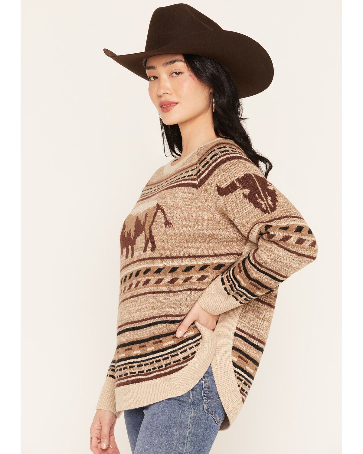 Image #2 - Cotton & Rye Women's Buffalo Print Round Bottom Sweater, Tan, hi-res