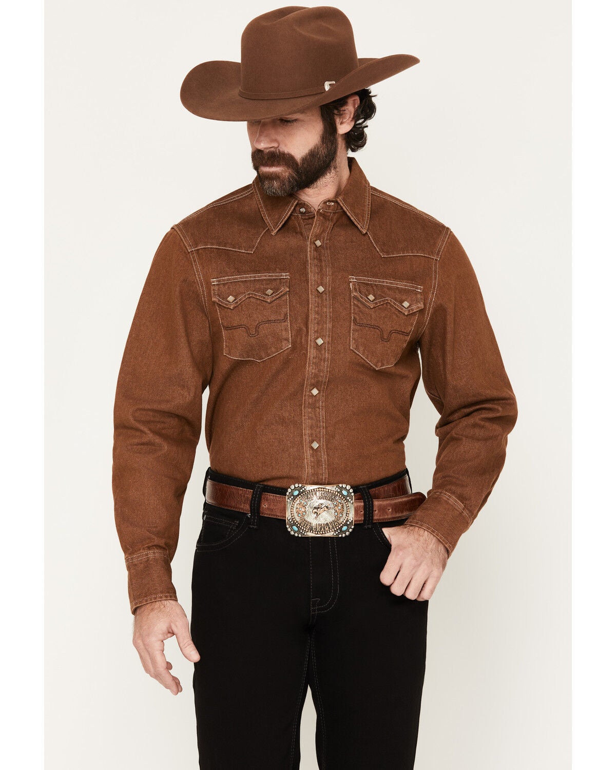 Image #1 - Kimes Ranch Men's Roscoe Denim Long Sleeve Snap Western Shirt, Brown, hi-res