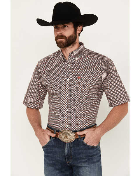 Ariat Men's Osman Print Short Sleeve Button-Down Western Shirt, Peach, hi-res