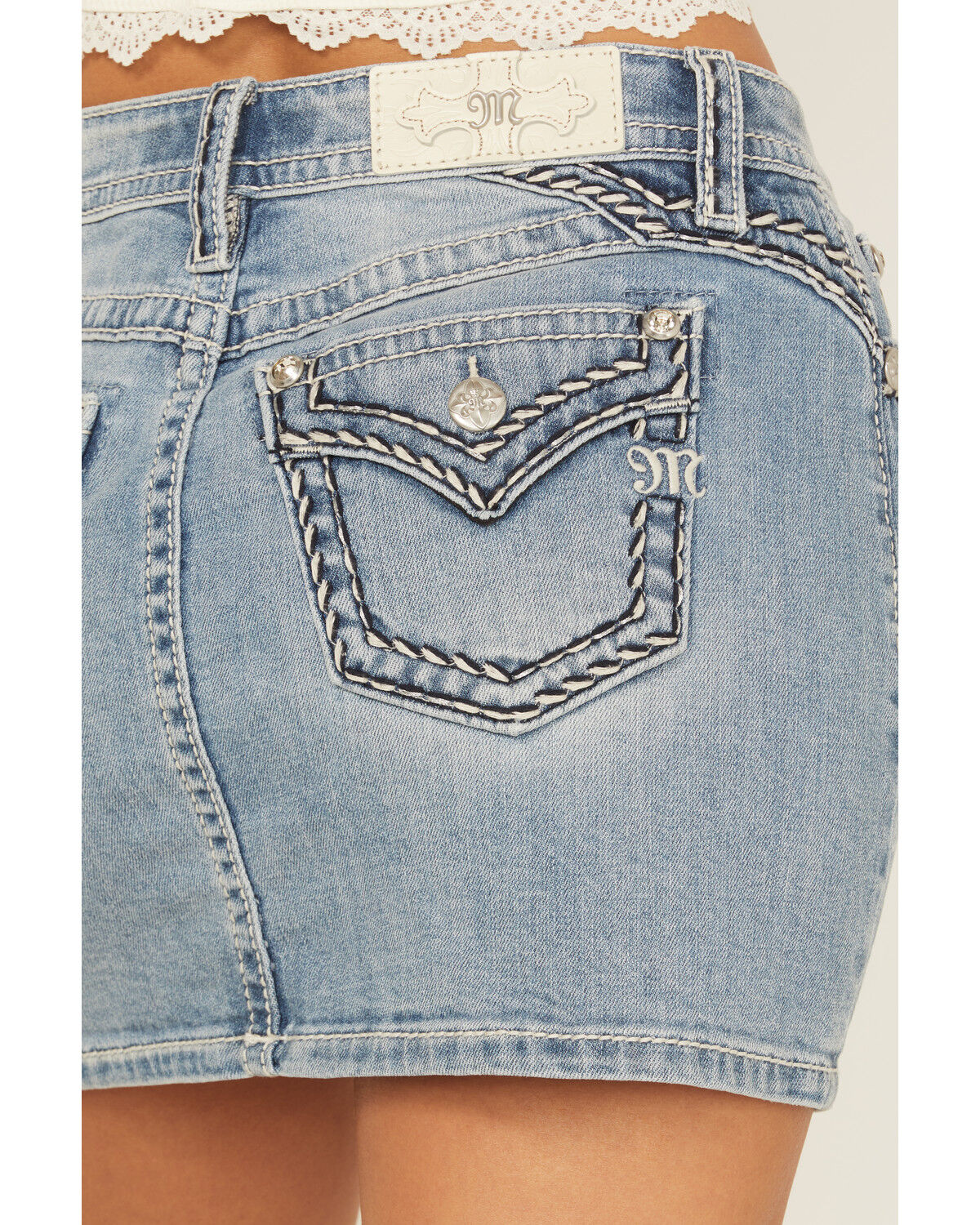 Product Name:  Miss Me Women's Light Wash Mid Rise Embroidered Denim Stretch Mini Skirt