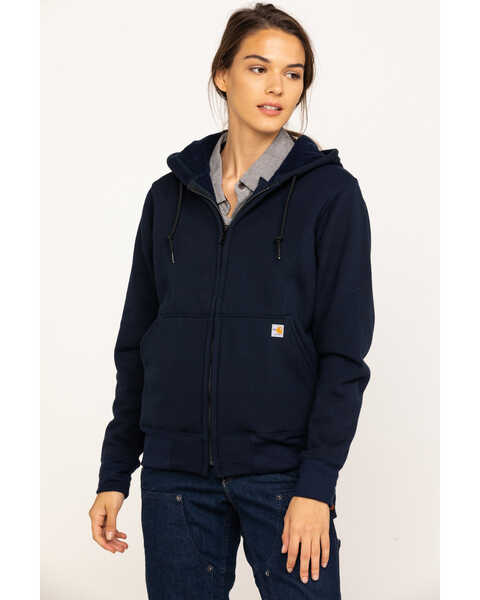 Image #3 - Carhartt Women's FR Rain Defender Hooded Heavyweight Zip Sweatshirt, Navy, hi-res