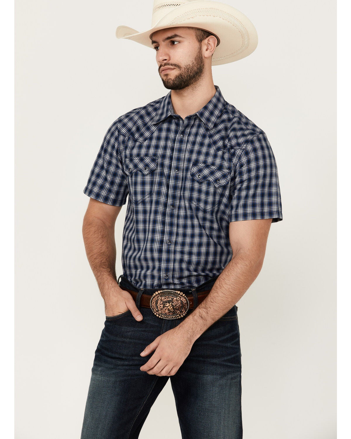 Cody James Men's Salud Plaid Print Short Sleeve Snap Western Shirt, Navy, hi-res