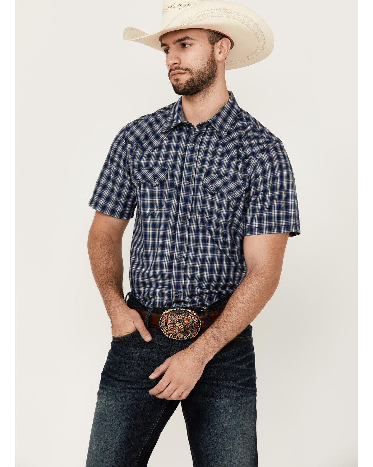 Image #1 - Cody James Men's Salud Plaid Print Short Sleeve Snap Western Shirt, Navy, hi-res