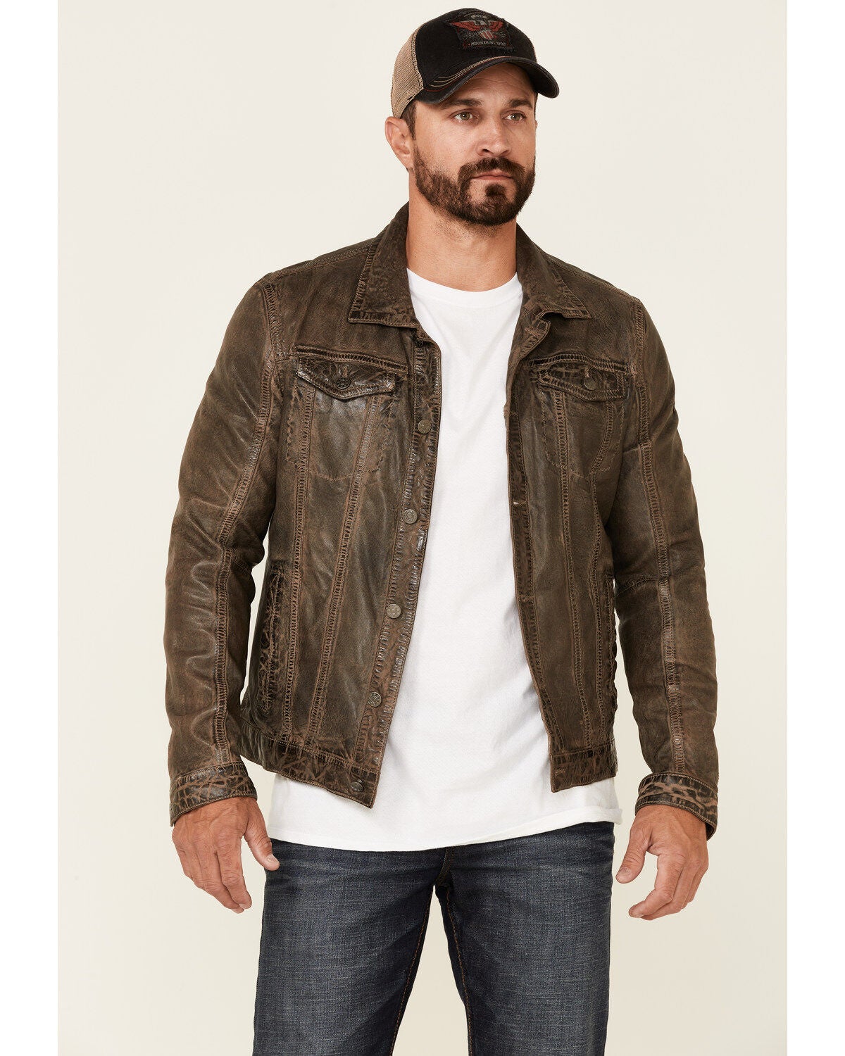 Mauritius Leather Men's Geoff Zip-Front Distressed Trucker Leather Jacket, Brown, hi-res