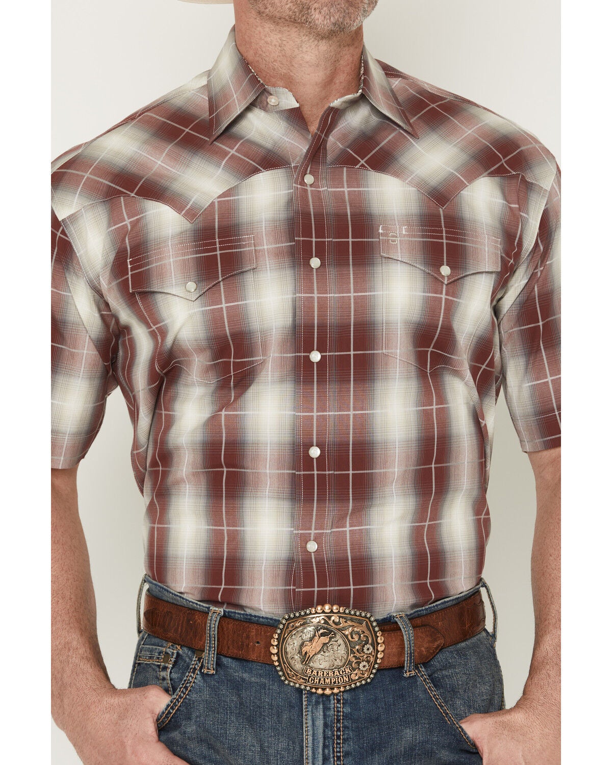 Image #3 - Stetson Men's Plaid Print Short Sleeve Snap Western Shirt, Burgundy, hi-res