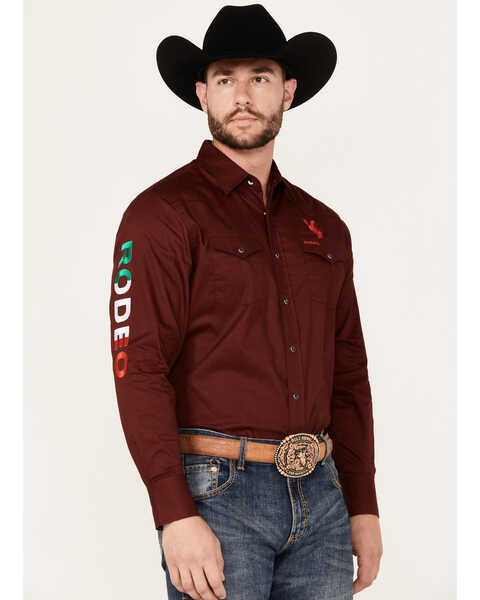 Rodeo Clothing Men's Mexico Bronco Long Sleeve Snap Western Shirt, Burgundy, hi-res