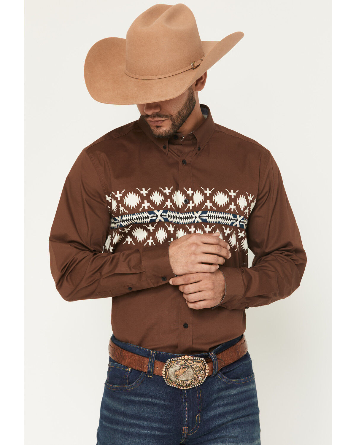 Image #1 - RANK 45® Men's Olympic Southwestern Border Long Sleeve Button-Down Stretch Western Shirt, Brown, hi-res