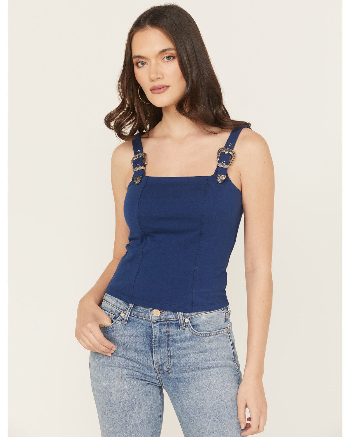 Rock & Roll Denim Women's Square Neck Buckle Tank, Blue, hi-res