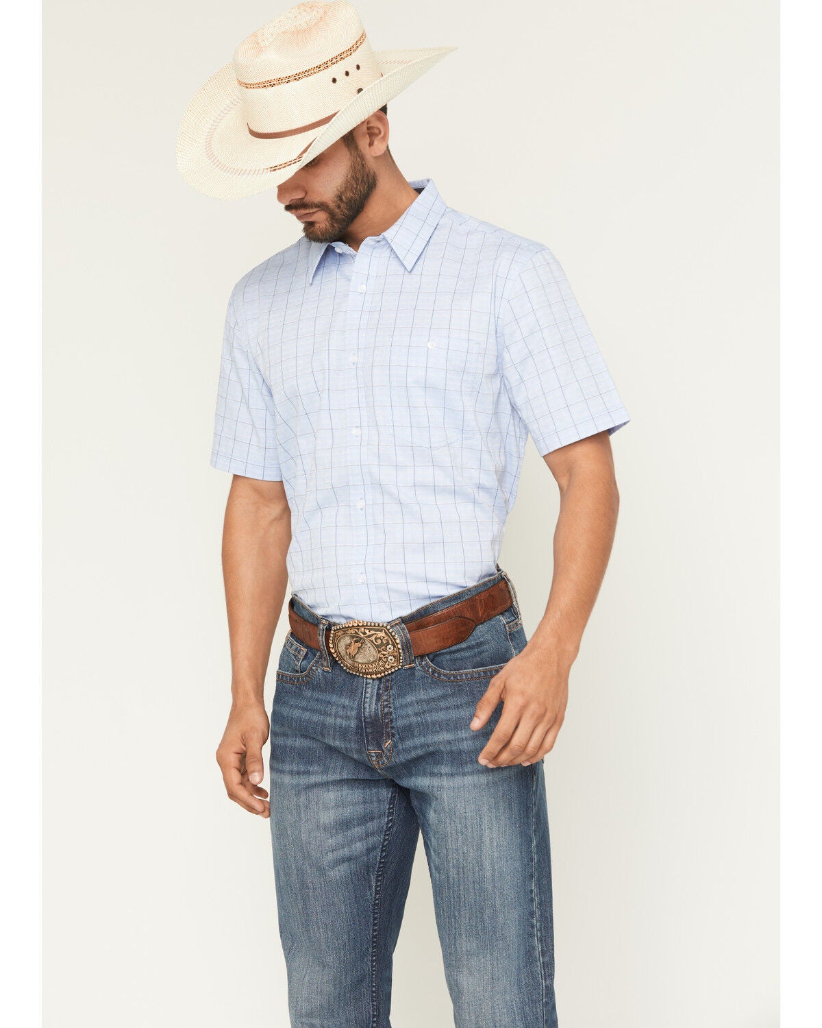 RANK 45&reg; Men's Trailblazer Short Sleeve Button-Down Plaid Stretch Western Shirt, Light Blue, hi-res