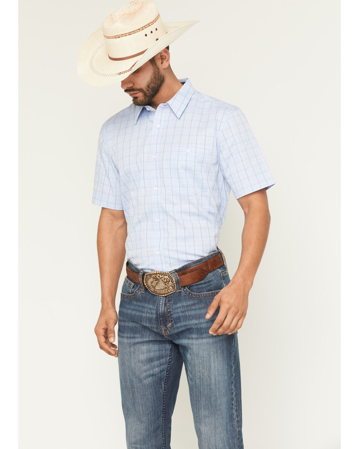 Image #1 - RANK 45® Men's Trailblazer Short Sleeve Button-Down Plaid Stretch Western Shirt, Light Blue, hi-res